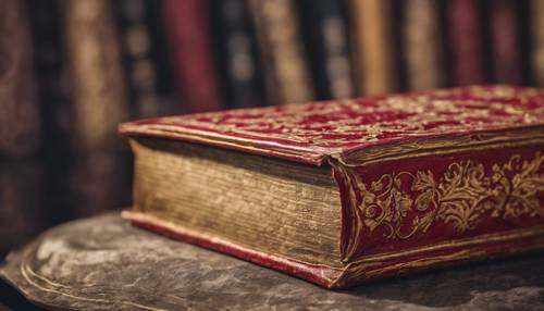 Close-up of a run-down antique book with red and gold damask cover.