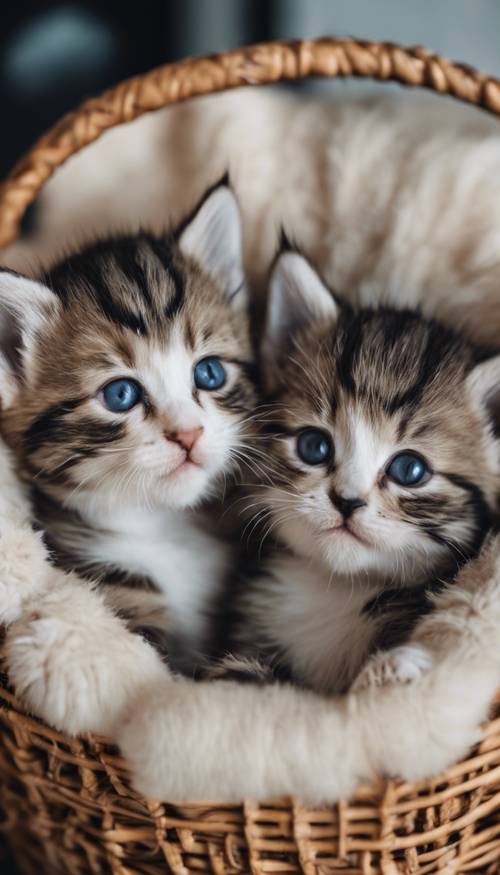 Five adorable kittens cuddling together in a plush basket. Tapeta [04c48b3b6ad947258030]