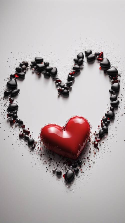Một trái tim màu đỏ và đen hơi nghiêng trên nền vải trắng.
