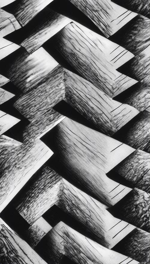 체계적으로 정렬된 헤링본 패턴의 회색조 스케치입니다.