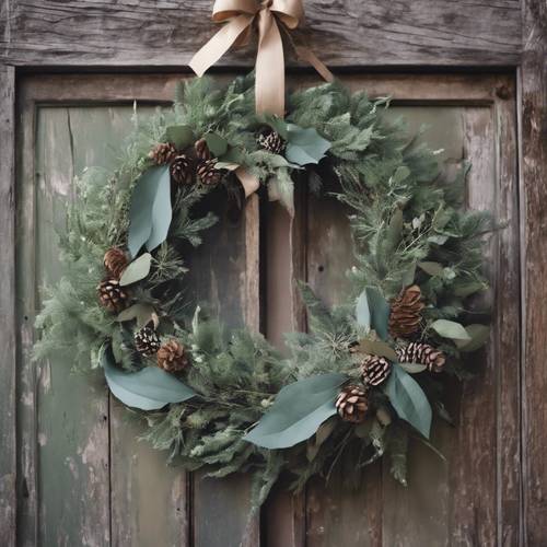 Una corona navideña de color verde salvia bellamente decorada colgada de una antigua puerta rústica.