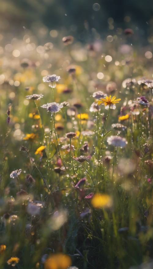 A serene meadow covered in a carpet of dew-speckled wildflowers basking in the morning sunlight.