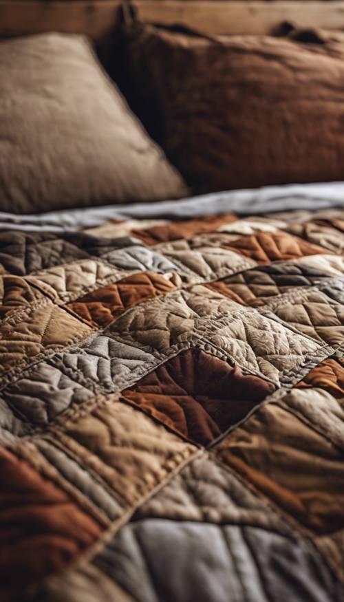Rustik bir ahşap yatağın üzerinde duran kahverengi bir patchwork yorgan.