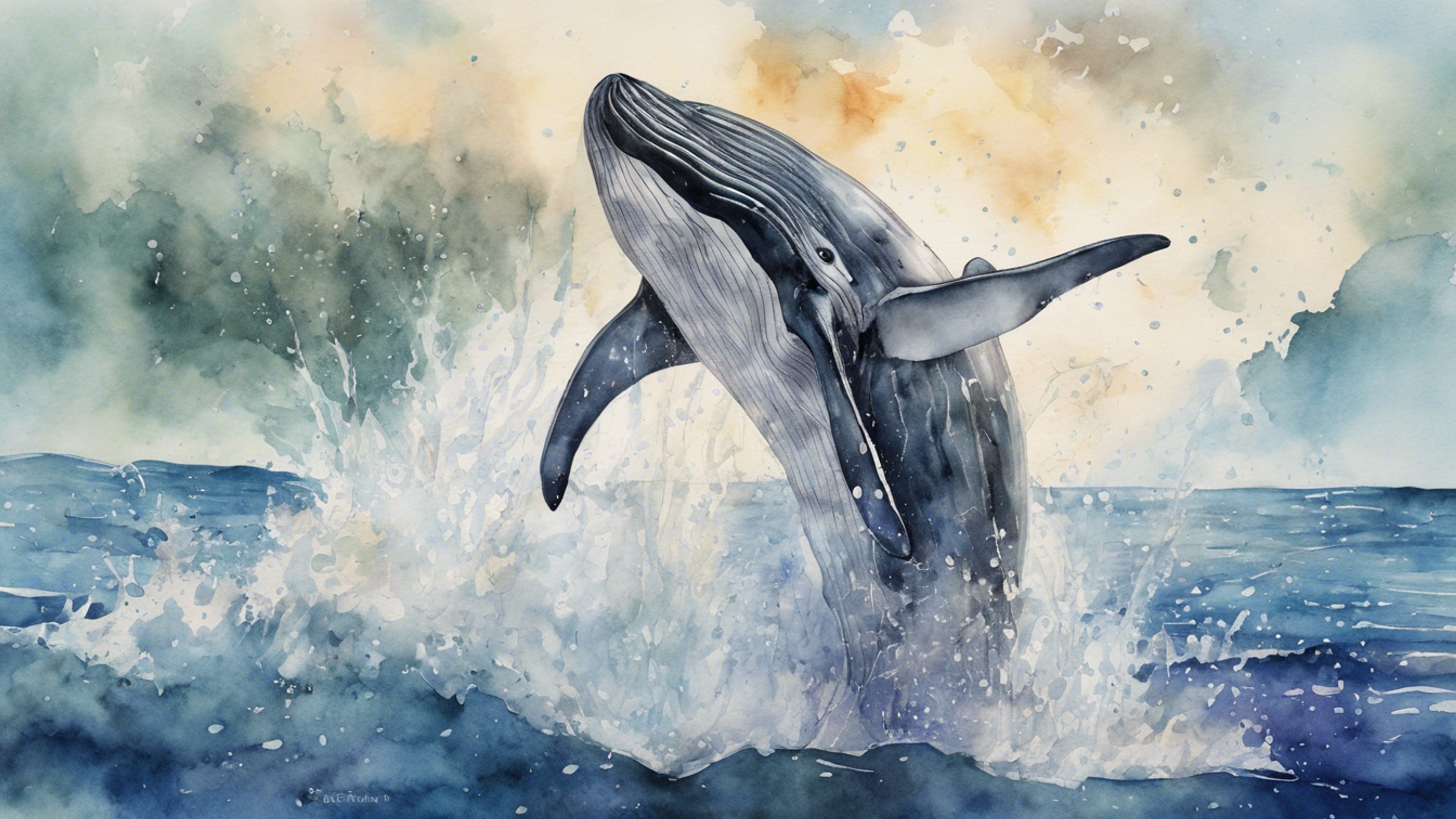 Watercolor painting showcasing a breaching minke whale with a towering splash of water around it. Wallpaper[80e4a5c981f74ce1b67c]
