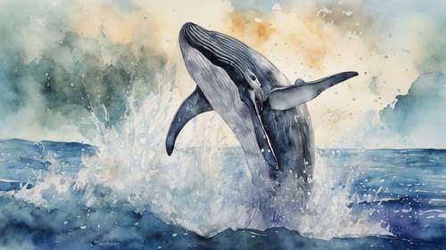 Lukisan cat air menampilkan seekor paus minke yang sedang menerobos dengan percikan air yang menjulang tinggi di sekitarnya.