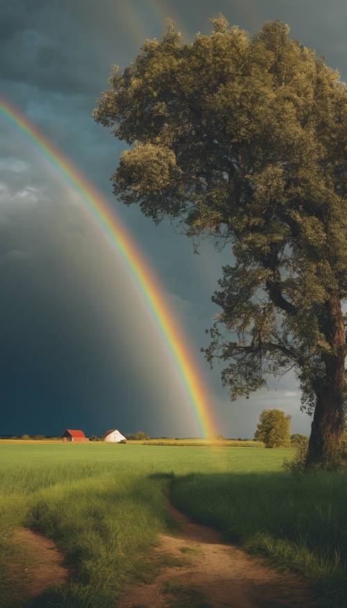 Le nuvole temporalesche in ritirata rivelano un glorioso arcobaleno a spettro completo su un terreno agricolo rustico.