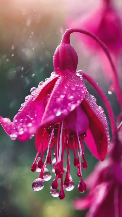 A bright, highly detailed close-up of a fuchsia flower in full bloom, dewdrops visible on its petals.