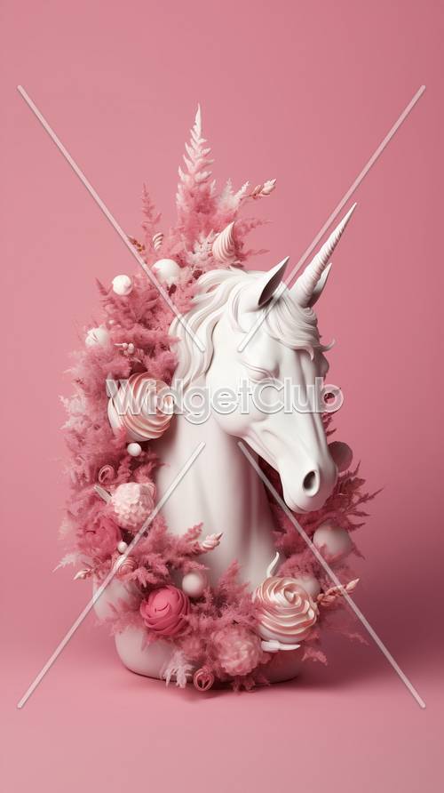 Seni Fantasi Unicorn Merah Muda dan Bunga