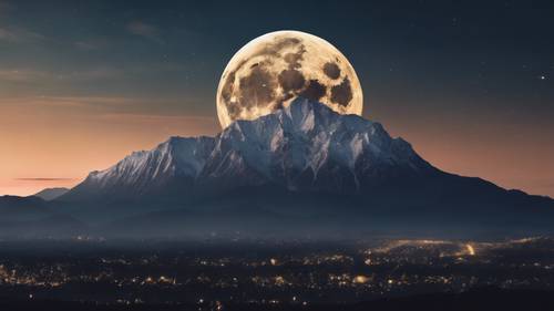 A full moon rising over the silhouette of a towering mountain.