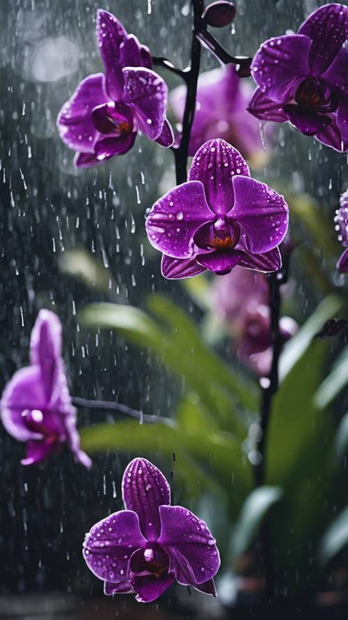 Темно-фиолетовые орхидеи промокли под внезапным дождем.