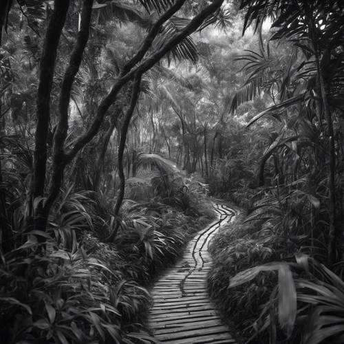 A black and white visual of a jungle pathway, winding through a dense thicket of trees and vegetation.