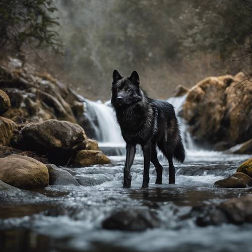 A lone black wolf crossing a babbling brook, with a cascade of waterfalls in the backdrop.
