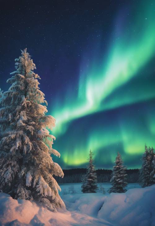 Majestuosas auroras boreales azules brillando en el cielo en la noche de Navidad