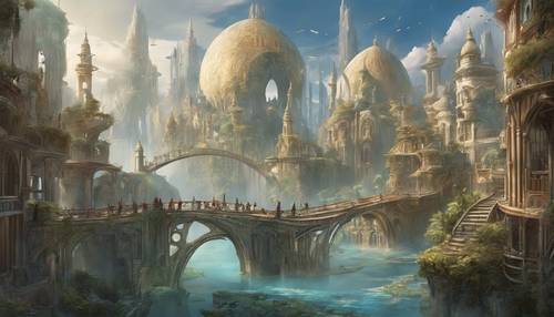 A fantasy city on floating islands connected by long, elegant bridges.