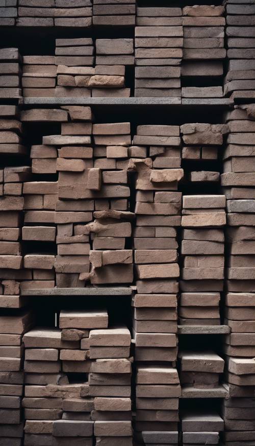 Un ensemble de briques sombres empilées au hasard dans un entrepôt.