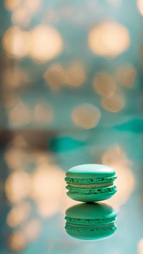 A mint-flavored macaron on a mirrored surface, depicting a delicious reflection.
