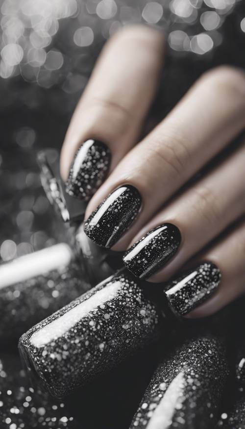 Close-up of black and white glitter nail polish on elegant hands. Wallpaper [3321effd628f487489b4]