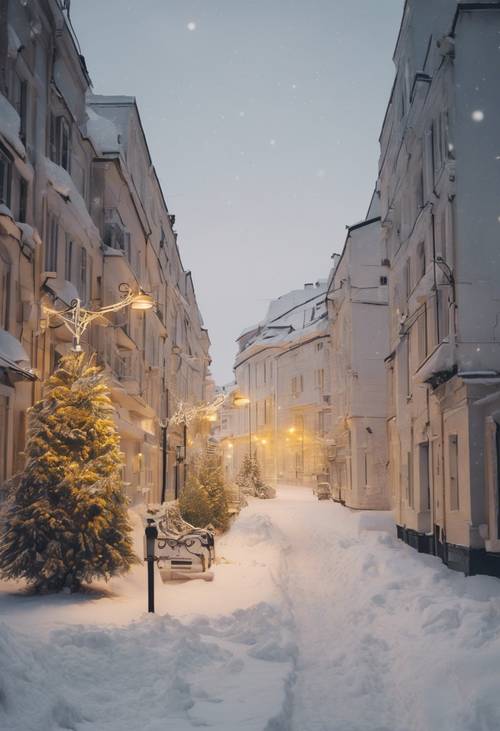 A snow-covered white city glowing with golden lights in the night.