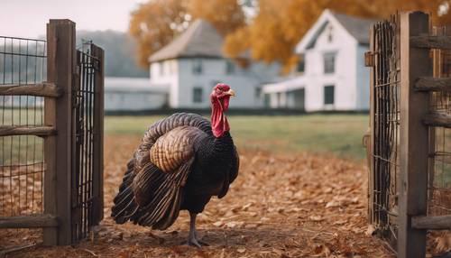 Ein Truthahn in einem dekorativen Gehege vor einem Bauernhaus wartet auf sein Schicksal an Thanksgiving. Hintergrund [f6fe64d44d134e5e8872]