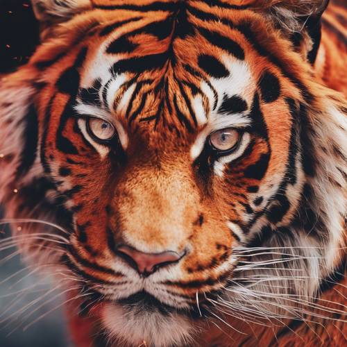 A red tiger with stripes that look like fire, burning brightly. Tapet [918efc709b4a47a78b57]