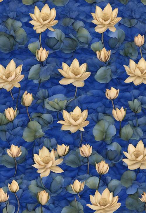 Visualize a repetição de flores de lótus azuis royal criando um padrão tranquilo e contínuo.