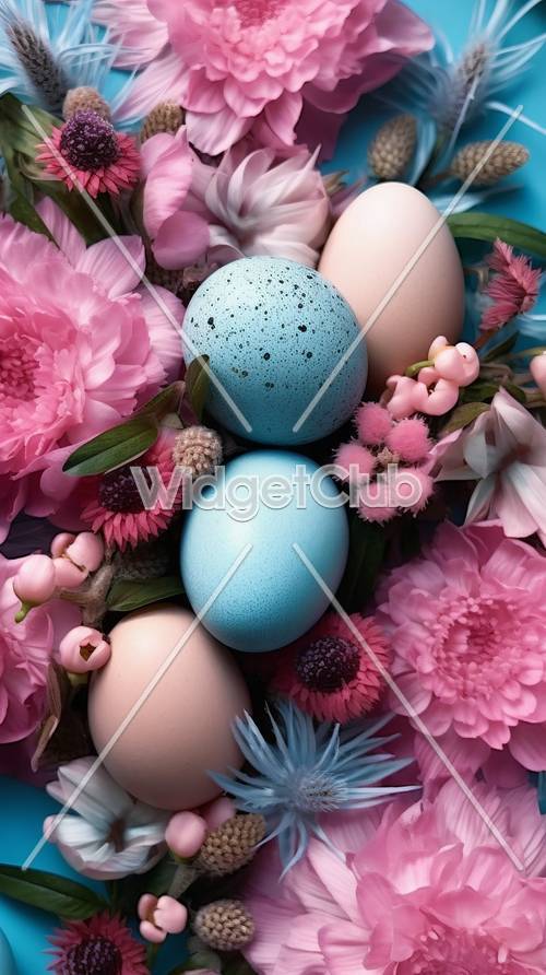 بيضة عيد الفصح تقع في سرير من زهور الربيع