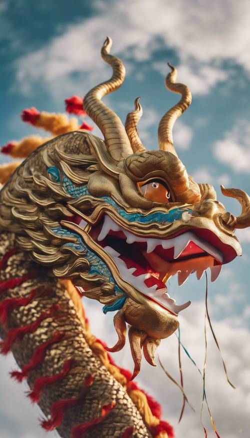 A Chinese dragon weaving its way through the clouds during a celebration.