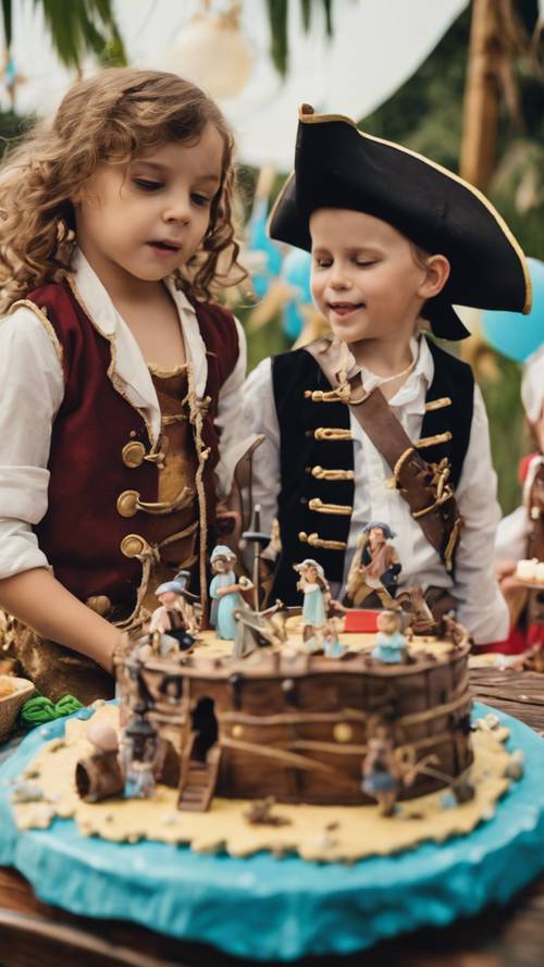 Hazine haritası, korsan gemisi pastası ve korsan gibi giyinmiş çocuklarla korsan temalı çocuk doğum günü partisi.