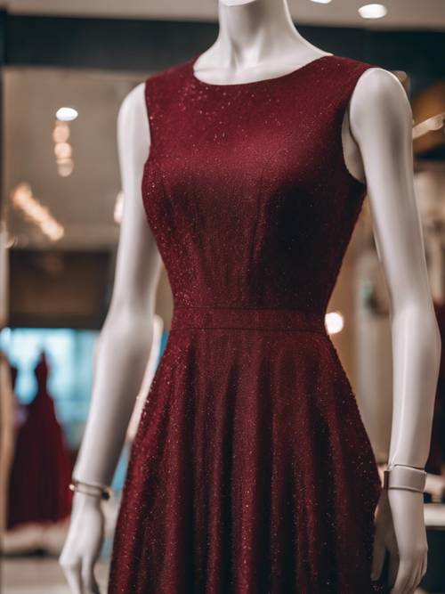 A cool maroon evening dress hanging on a mannequin in a boutique.