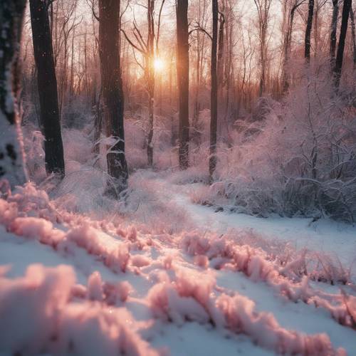 An icy sun setting over a deep, snowy forest, casting hues of pink and gold.