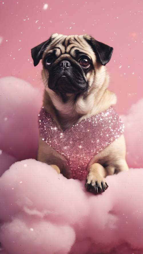 A small pug resting on a fluffy pink cloud in a sky filled with sparkles.