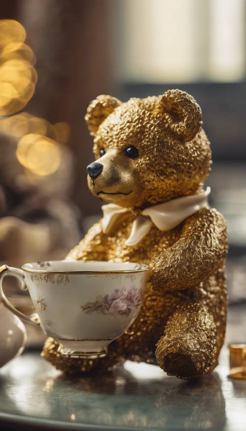 A golden teddy bear sipping a cup of English tea from a fine china cup.