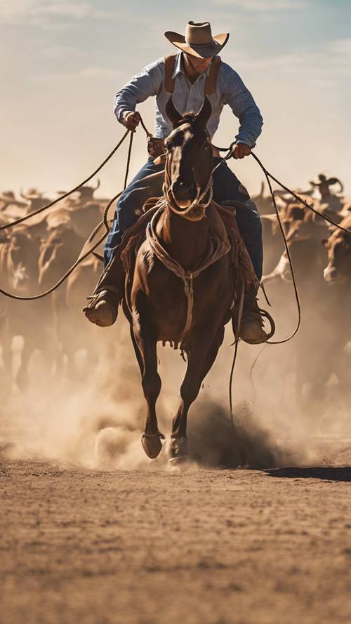 A cowboy roping cattle during a bright, dusty afternoon. Tapet [61badebceced45dd8448]