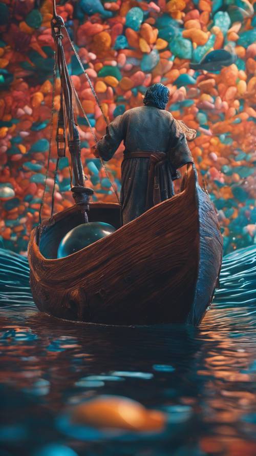Eine illustrative Darstellung von Jona und dem Wal, gestaltet in kräftigen, fesselnden Farben. Hintergrund [ce863e76906c4e76843f]