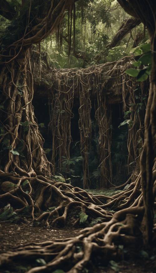 Uma rede de trepadeiras suspensas e raízes de árvores gigantes em uma selva mal iluminada.