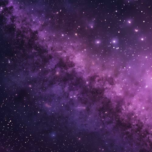 Ein sternenübersäter Himmel flackert durch die dünnen, rauchig-violetten Wölkchen kosmischen Staubs und bildet die Silhouette einer Galaxie.
