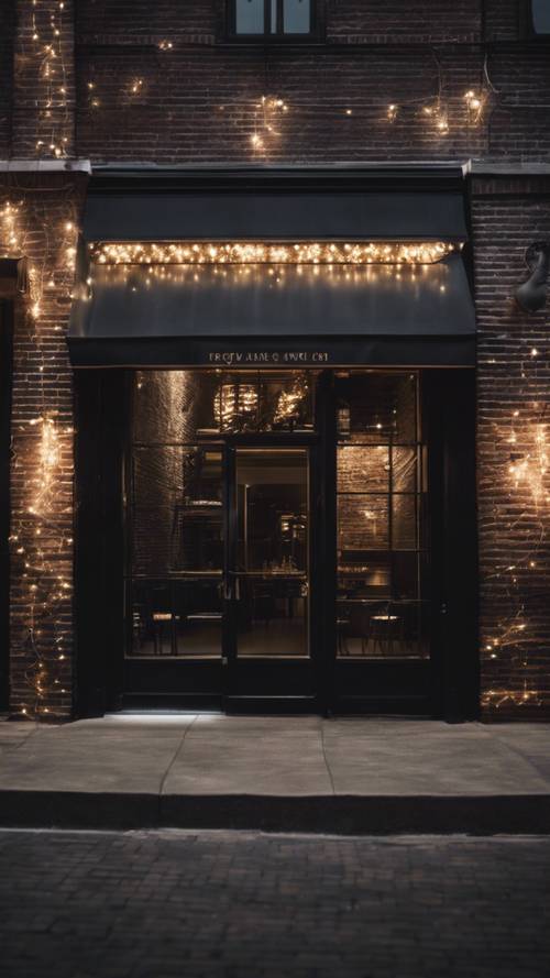 Un restaurant chic en briques noires avec des lumières scintillantes suspendues devant.