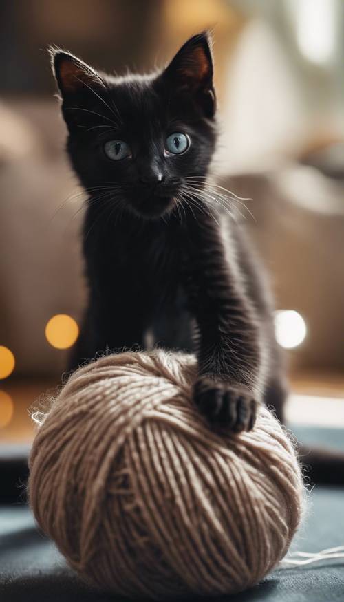 A black kitten playing with a ball of wool in a warmly lit room