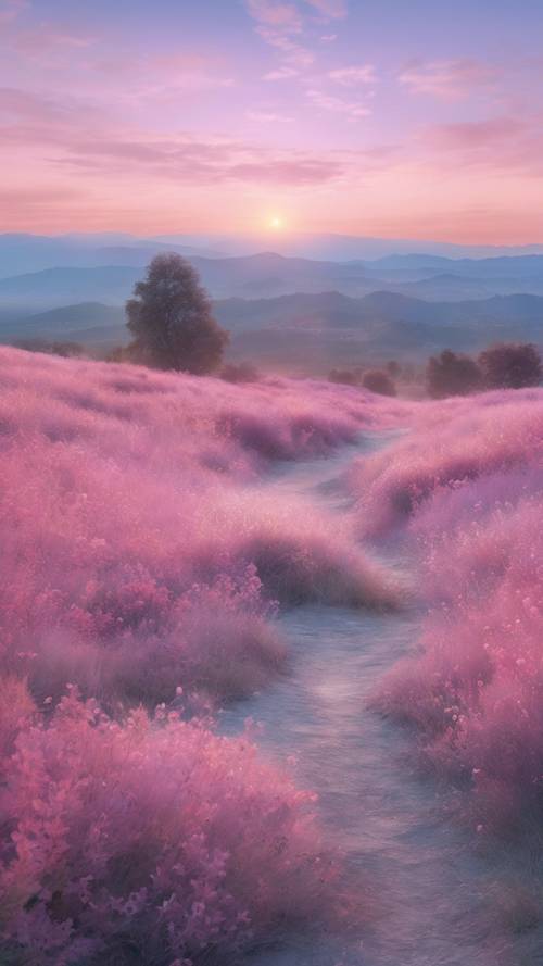 A dreamy landscape at dawn painted in pastel hues of pink, lavender, and baby blue.