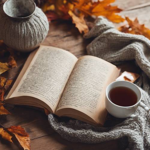 Still-life of an open book, a chunky scarf, and a hot mug of tea resting on a wooden table greets autumn’s chill. Tapeta [77fbc35e3f4947c2a181]