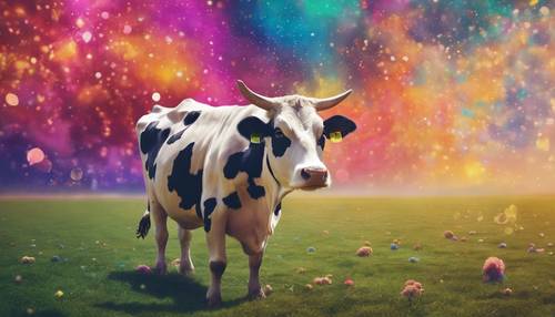 A stylized, fantastical representation of a cow floating in a surreal, colorful dreamscape. Tapet [e417079f11824d71be9a]