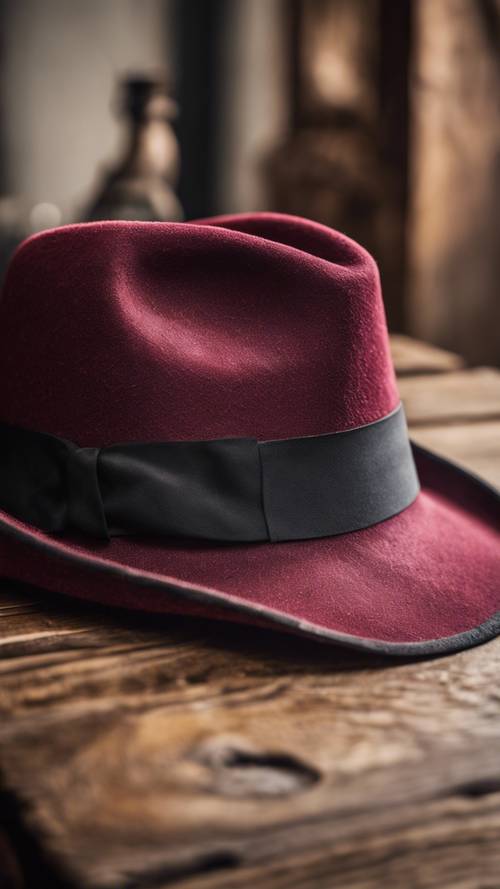 A cool maroon fedora hat positioned on an antique wooden table.
