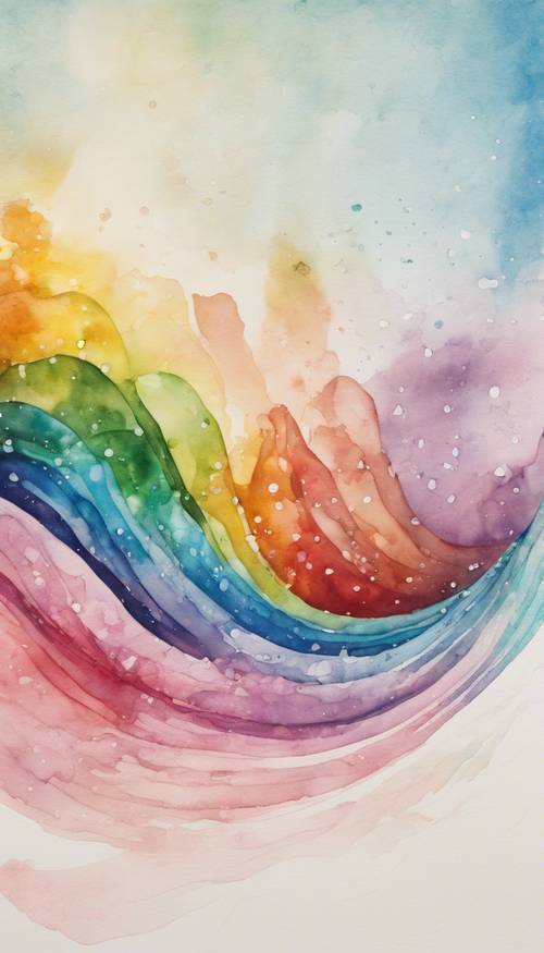 An abstract watercolor painting of a wave filled with all the colors of the rainbow.