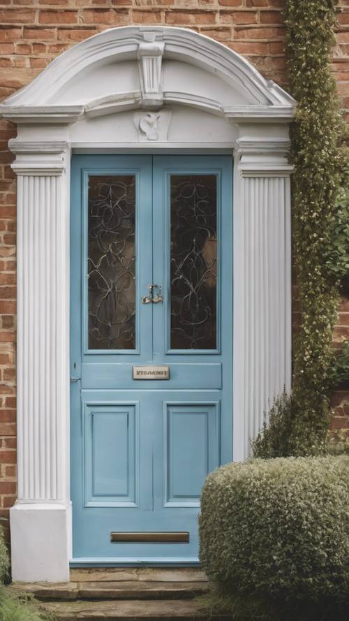 Uma porta azul pastel de uma tradicional casa de campo inglesa.