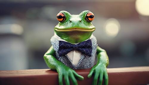 Une grenouille preppy à la mode portant des chaussettes à losanges et un nœud papillon.