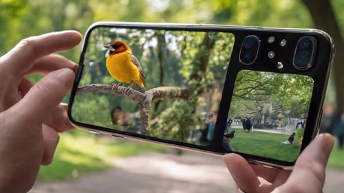 Un iPhone 11 Pro utilisé pour jouer à un jeu d&#39;identification d&#39;oiseaux en réalité augmentée dans le parc.