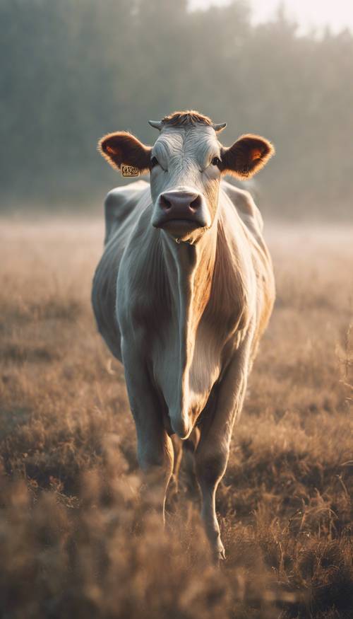 A cow standing in the foggy field at the break of dawn.