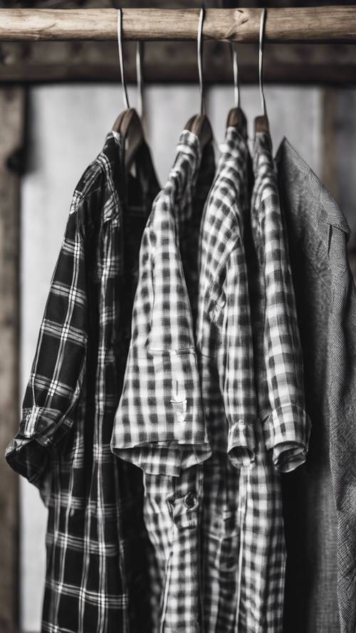 A black and white plaid shirt hanging on a wooden clothing rack.