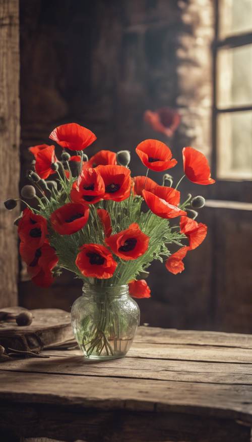 An old rustic wooden table with a vase of fresh scarlet poppies contrasting with the vintage setting.