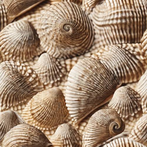 A detailed macro shot of the intricate pattern on a beige seashell.